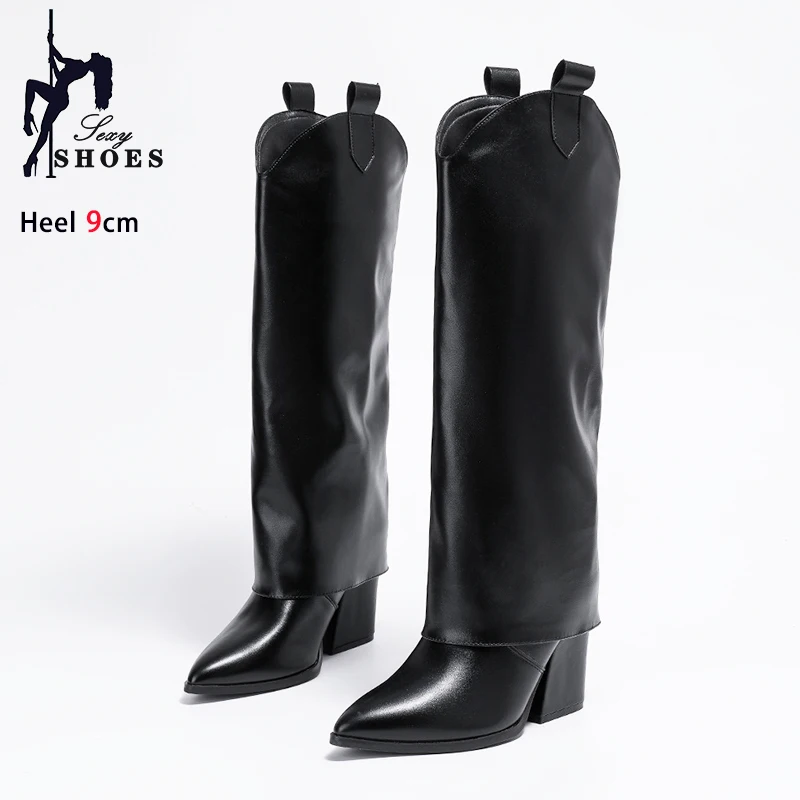 2024 New Western Cowboy Boots Women Fashion Pointy Toe Turned-Over Edge Long Shoes Female Chunk High Heels Black Knee High Boots