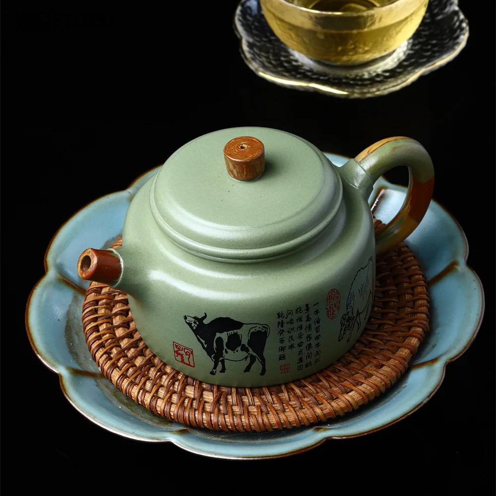 240ml teapot Wuniu Tude Bell Pot Yixing Purple Clay Pot Handmade Tea Pot with Raw Bean Green Sand Chinese style tea set