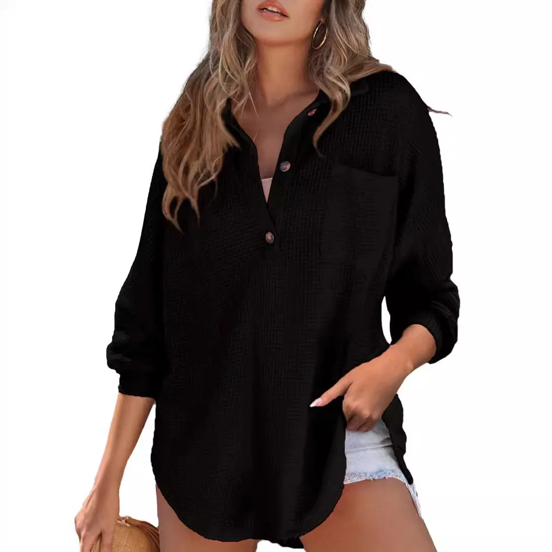 Women's Oversized Henley Waffle Shirts Tops Button V Neck Long Sleeve Mesh Knitwear Tunic Blouses Casual Fall Outfits