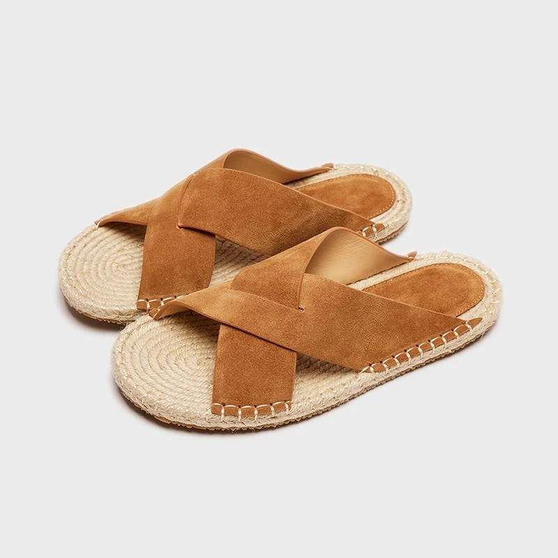 High-End Handmade Casual Slippers Velvet Surface Summer New Flat Bottom Grass Rope Bottom Outdoor Breathable Men's Sandals