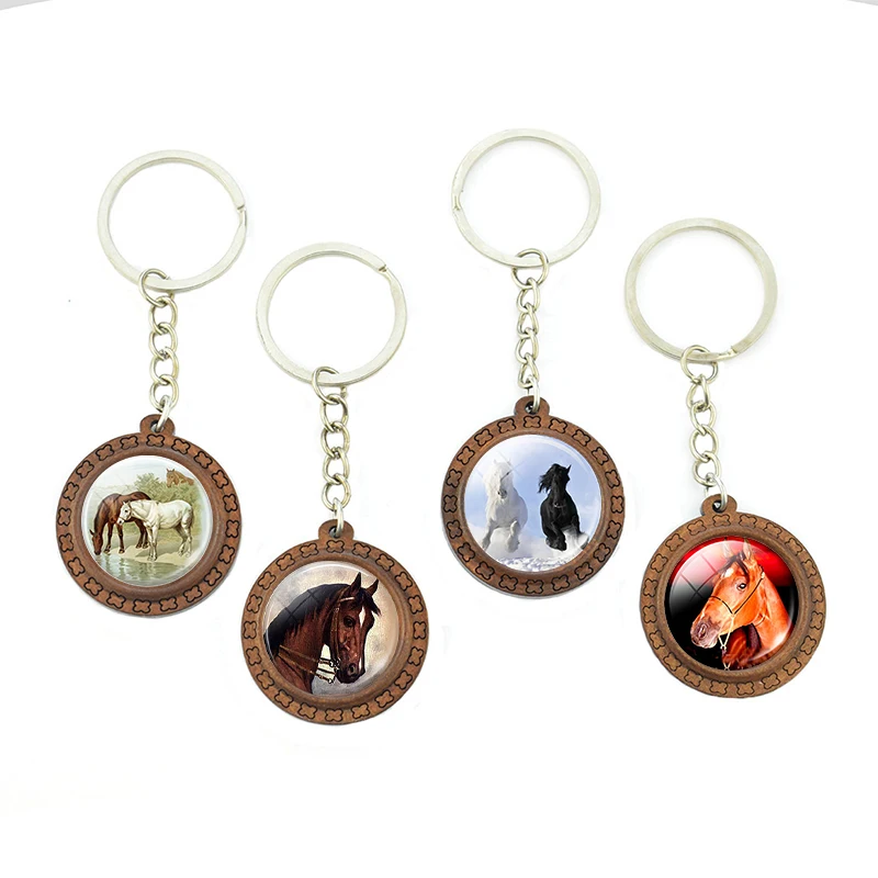 Horse Wooden Keychain Horse Picture Glass Cabochon Keychain Wooden Jewelry Aanimal Key Pendant Christmas Gifts Dropshipping