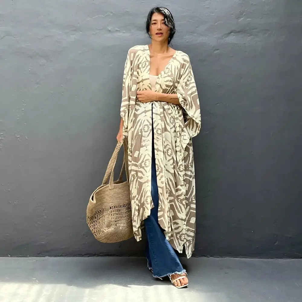 

Fashion Boho Bikini Cover-ups Zebra Print Open Front Beach Cover Up Oversized Long Dress Beachwear For Women
