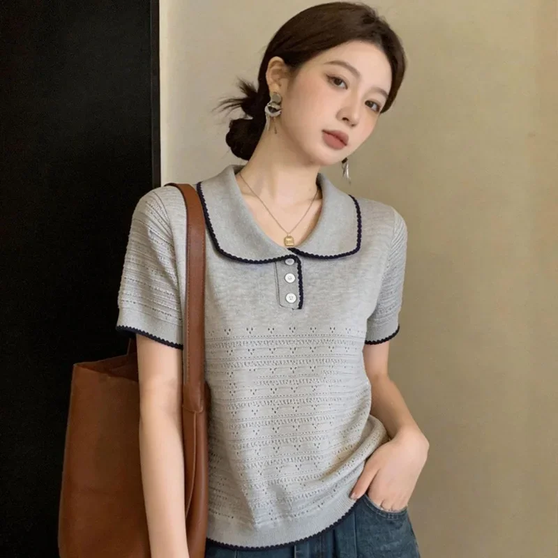 Women's Clothing Slim Ice Silk T-shirt Summer Hollow Out Casual Knit Short Sleeve Tee Lady Basic Versatile Peter Pan Collar Tops