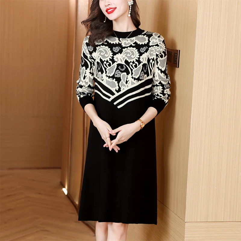 

Female Elegant Chic Vintage Jacquard Winter Wool 100 Knitted Dress Women Clothes Knee Length Straight Loose Casual Dresses