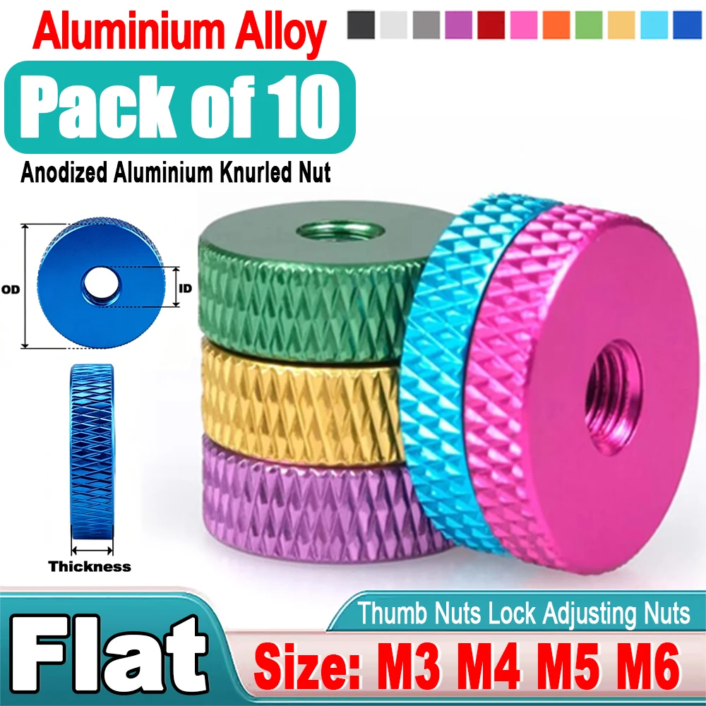 10pcs M3 M4 M5 M6 Aluminum Thumb Nut Knurled Hand Round Nuts Anodized 10 Colors Thin Type Knurled Thumb Nuts Hand Grip Knobs Nut