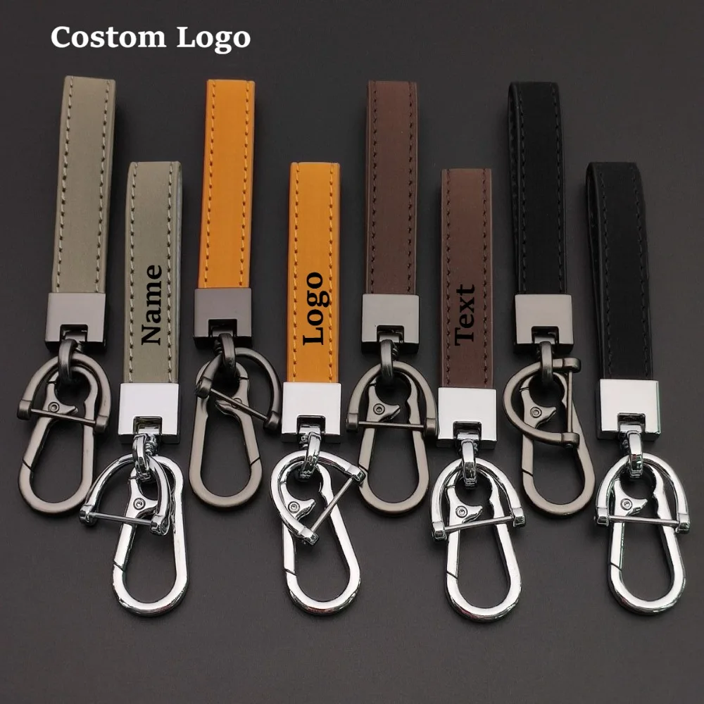 Custom LOGO Name Genuine Leather Portable Car Keychain Creative and Simple Key Chains High-end Elite Keyring Small Pendant Gift