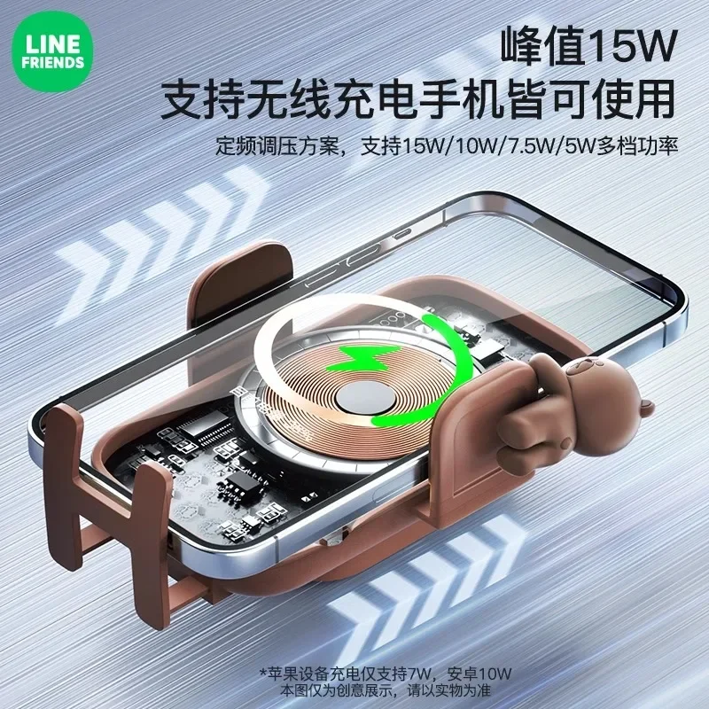 Brown Cartoon Car Wireless Charger Mobile Phone Holder 2024 New Line Friends Car Multi Function Car Navigation Support Stand