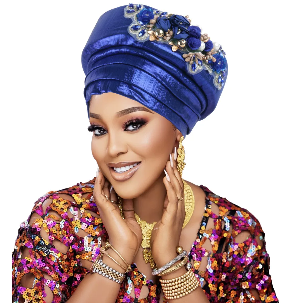 

Роскошная шапка-тюрбан из губки для женщин, цветочные бусины, африканские головные уборы с автогелем, мусульманский хиджаб, шляпа, нигерийский свадебный головной убор, повязка на голову