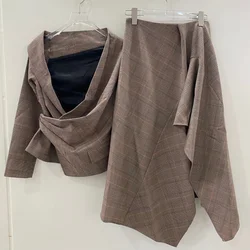 Fahsion 2024 Spring Autumn Plaid Checker High Quality Long Sleeve Blazer Tops Irregular Midi Skirt Set for Women