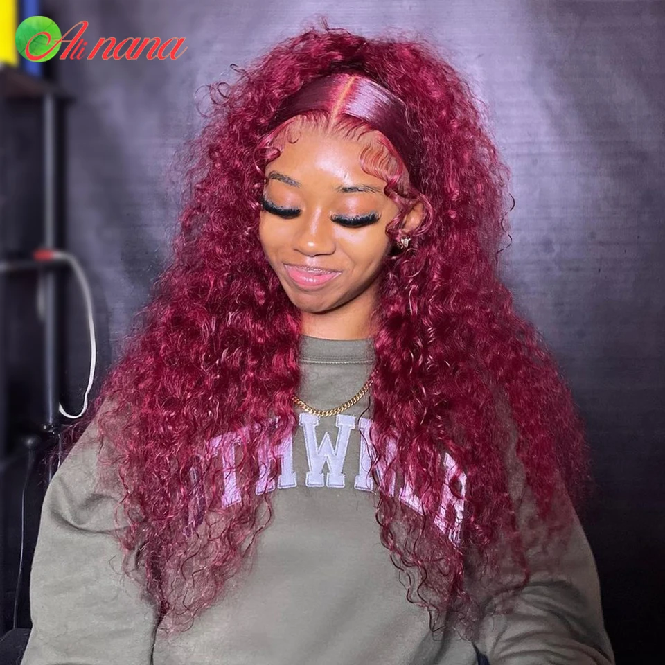 Cherry Red Burgundy Colored Water Wave Lace Front Wigs Pre-Plucked Human Hair Wigs For Black Women Loose Curly Lace Closure Wig