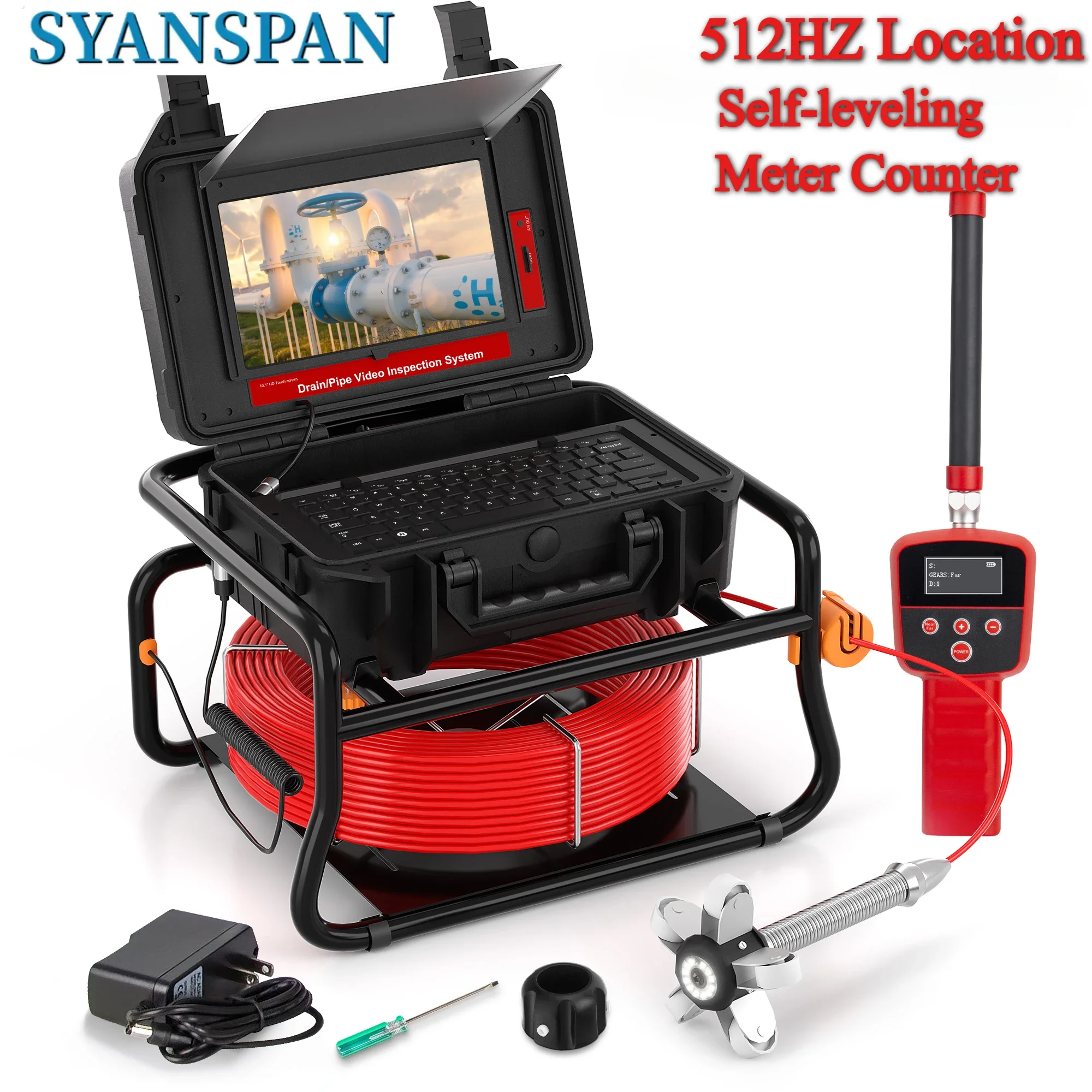 512HZ Sonde Locator Pipe Inspection Camera 10.1inch 1080P Screen SYANSPAN Drain Sewer Endonscope Self-leveling Meter Counter