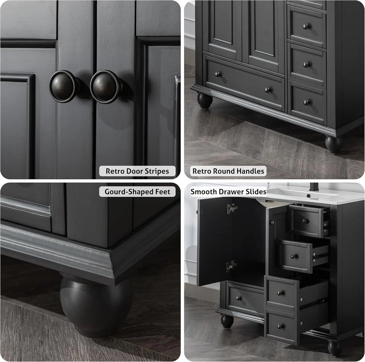 塗装無垢材のバスルームシンク,レトロな洗面化粧台,ひょうたん脚付きの収納キャビネット,ビンテージスタイル,36インチ