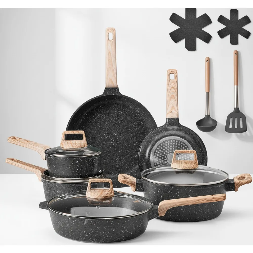 

17-Piece Nonstick Granite Cookware Set, Induction Compatible Pots & Pans with Glass Lids, Perfect for RV Kitchen & Home Cooking