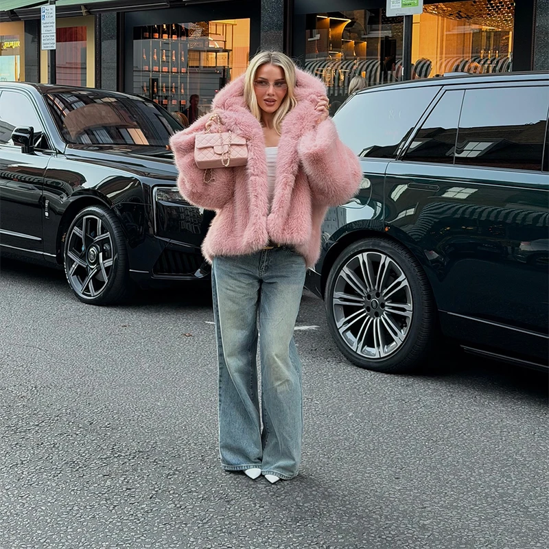 Women's Thick Pink Faux Fur Jacket Fashion Casual Hooded Full Sleeve Luxury Loose Coat 2025  Winter New Lady Commute Overcoat