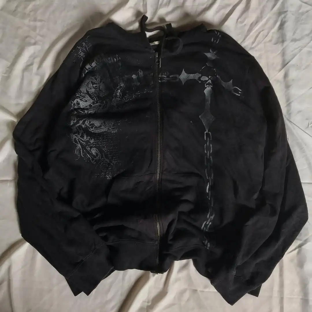 Moletom Preto Harajuku com Capuz, Estilo Gótico de Rua, com Estampa de Caveira, Oversize, com Zíper, Unissex, Hip Hop, Casual, com Personalidade
