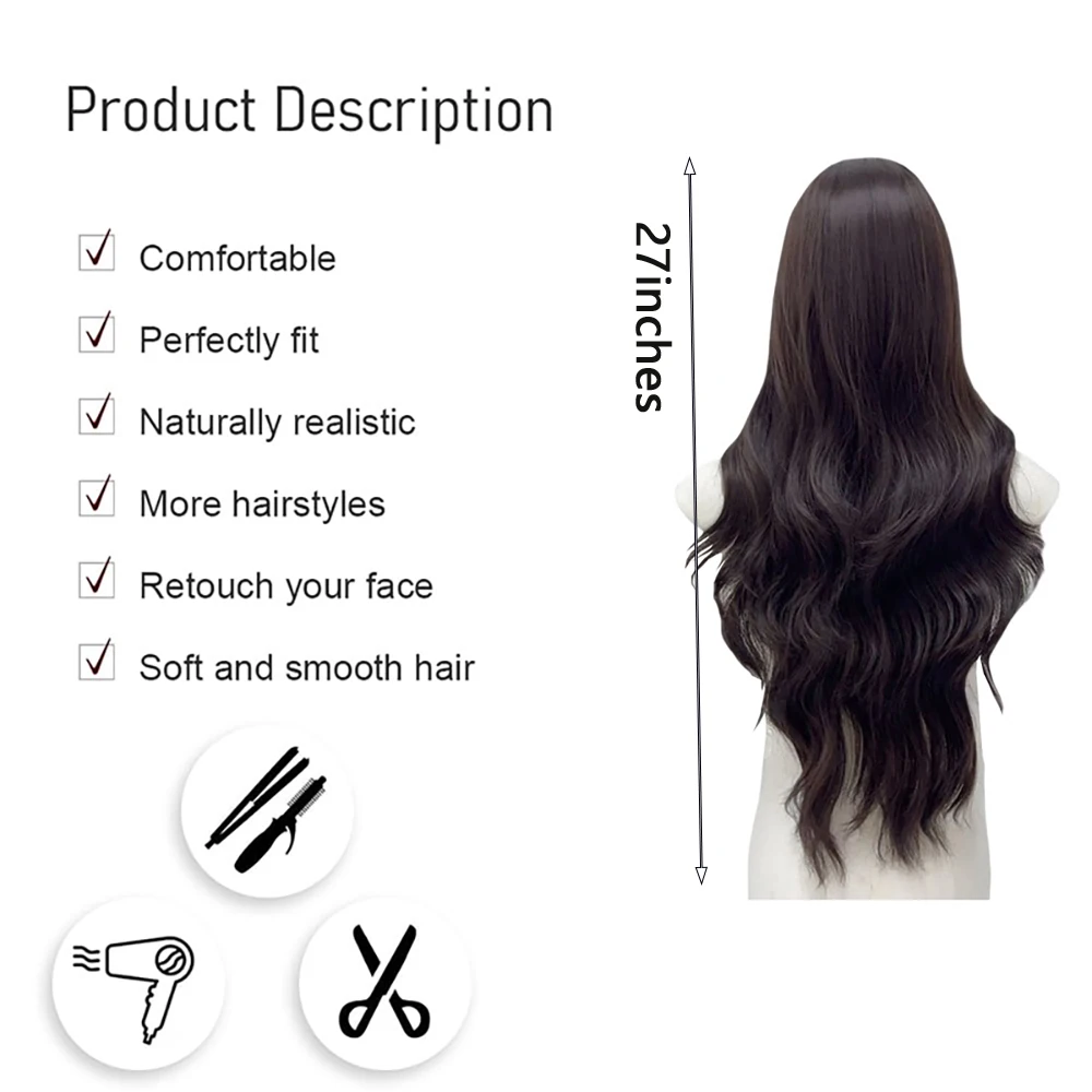 Layered Long Body Wave Wig Dark Brown With Fringe Bangs Women Soft Natural Synthetic Heat Resistant Hair For Daily Party Cosplay