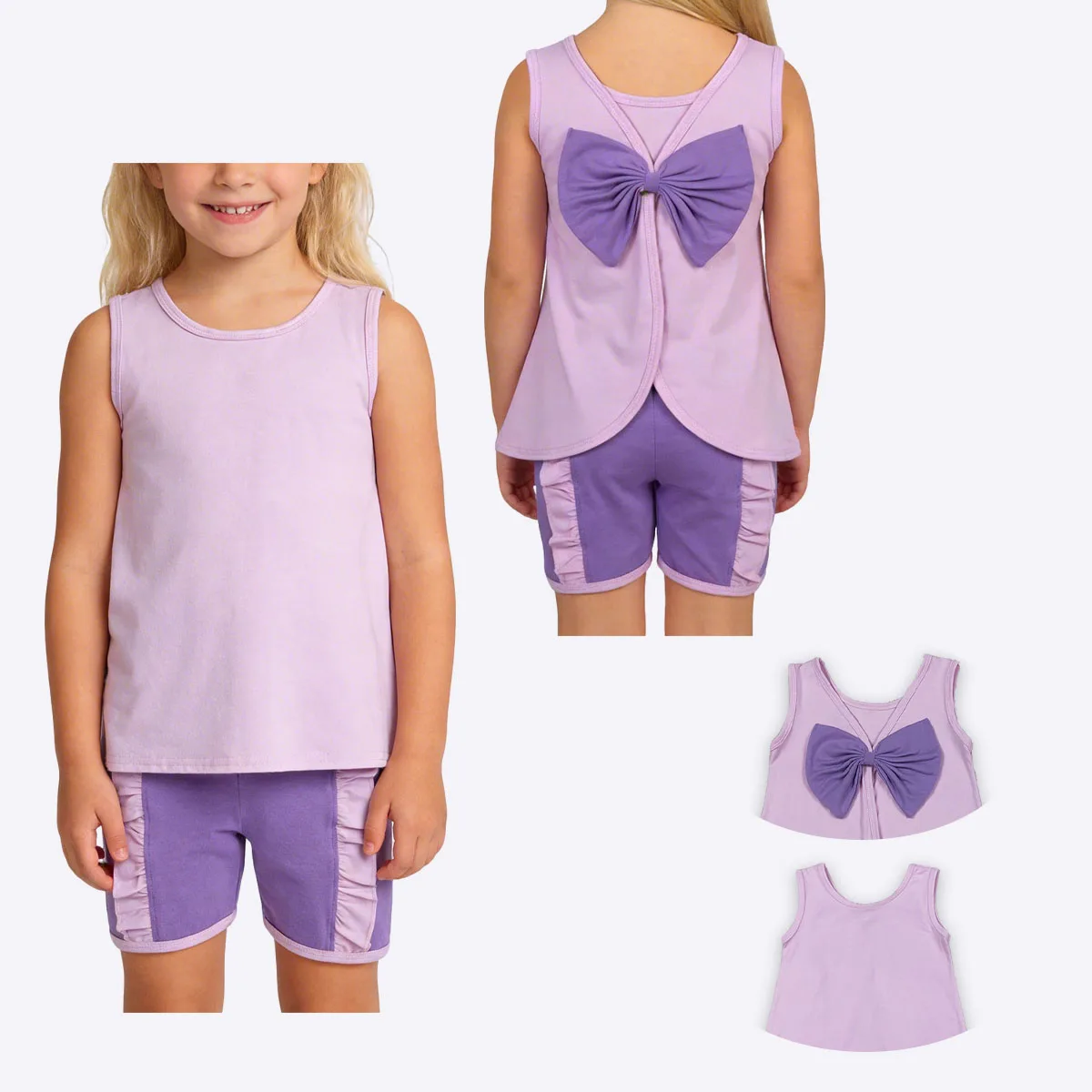 

Cute Baby Girls Lavender Sleeveless Back Bows Tunic Ruffle Shorts Clothes Set Children Clothing Infant Toddler Outfits Wholesale
