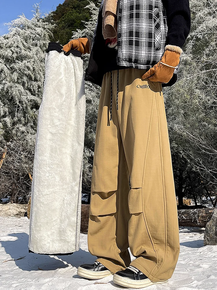 

Футбонепроницаемые мягкие лыжные брюки цвета хаки, мужские зимние брюки Thiened Fce, уличная рабочая одежда, повседневные широкие брюки из меха ягненка