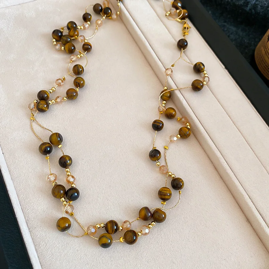 Maillard Multi-layer Tiger's Eye Stone Necklaces for Women Retro Stackable Glass Bead Sweater Neck Chain Charms Jewelry Gifts K1