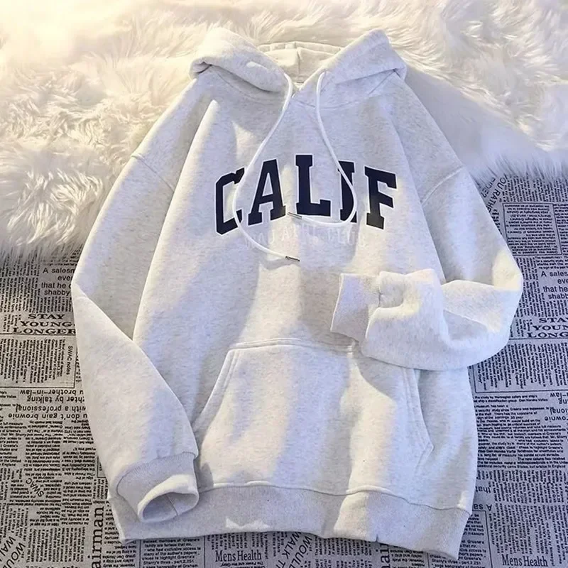 CALIF Letter Print Hoodie NewThickened Sweatshirt Oversize Korean Style Loose Fit Student Jacket Top Trendy Casual Wear