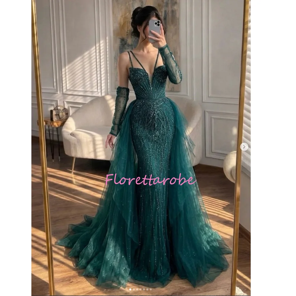 

2026 Luxury Green Beaded Mermaid Evening Dress with Skirt Gowns for Wedding Party Prom Gown Customized