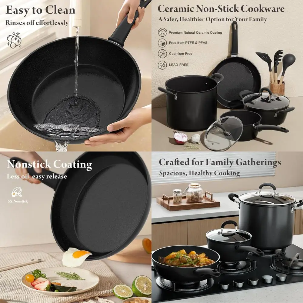 

Набор посуды с антипригарным покрытием на 12 литров, 18 предметов, большие керамические кастрюли и сковороды, посуда в комплекте, без ПТФЭ/ПФА/ПФА, черный