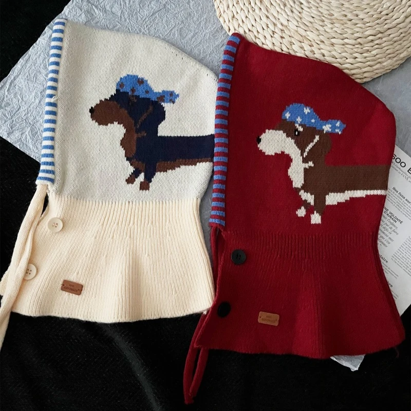 Winterliche, niedliche Cartoon-Welpen-Jacquard-Strickmütze für Damen, warme Outdoor-Fahrradmütze mit Ohrenschutz und Riemen, Bomber-Mütze – Detail 5