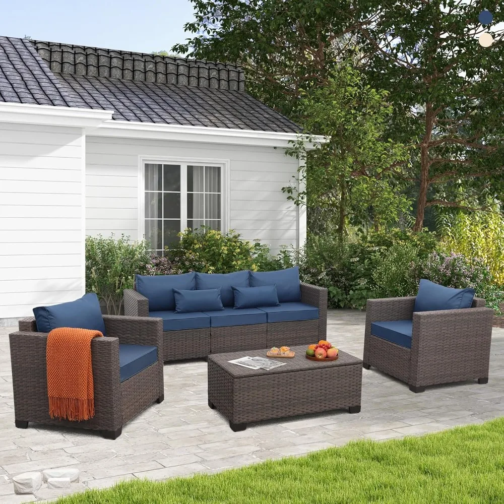 

Outdoor Patio Furniture Set 4 Pieces Wicker Outdoor Furniture Chairs and Sofa Patio Storage Table Non-Slip Cushions