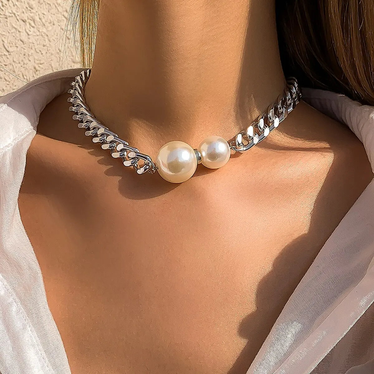 Vintage Punk Cuban Chains Necklaces Women Gothic Imitation-Pearl Pendant Necklace Girl Chokers Fashion Accessories Jewellery image 3