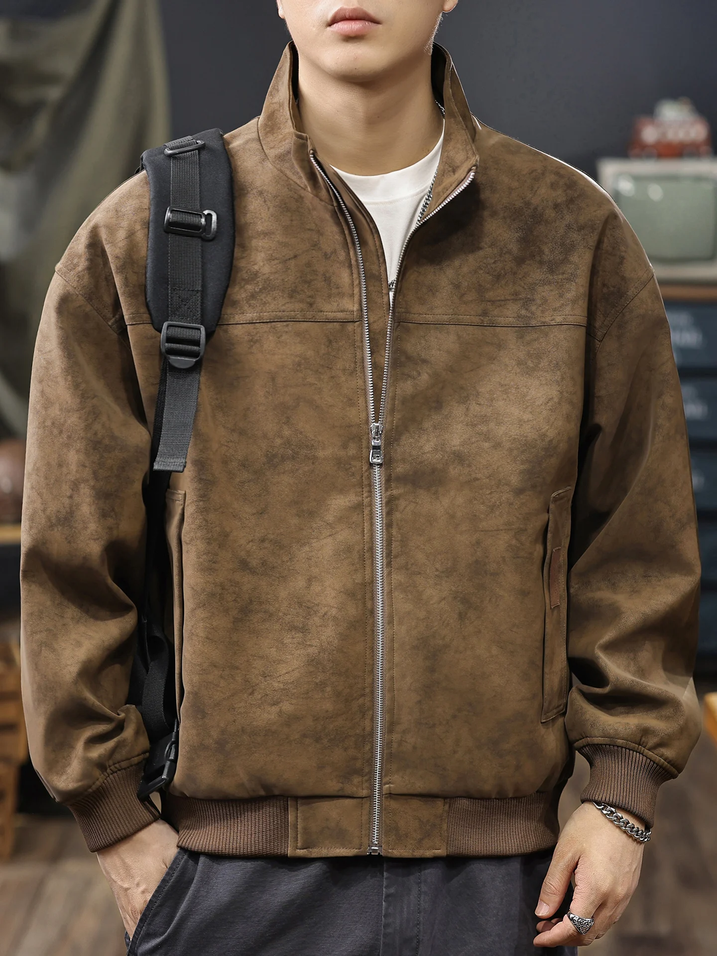 

Retro American Sle PU Leather Jaet Men's Loose Fit Stand Collar Dyeing Proc Thiened Autumn Winter New Arrival