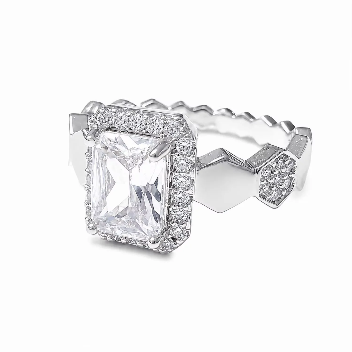 Womens Rectangle Center Stone Halo Ring Scalloped Edge Band Statement Ring Fashion Accessory For Dating Evening Holiday Occasion