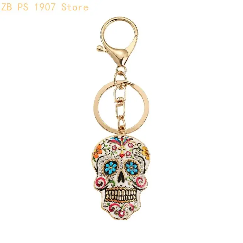 Halloween Skull Keychain Charm with Floral Alloy Detail for Bags 55KA