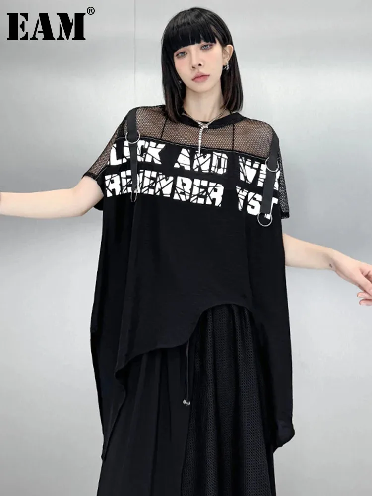 

[EAM] Women Black Mesh Letter Irregular Bgi Size T-shirt New Round Neck Short Sleeve Fashion Tide Spring Summer 2024 1DH6499