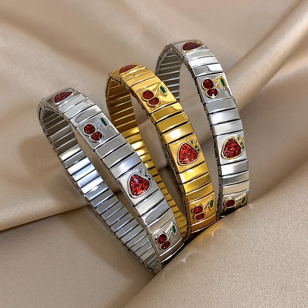 Stainless Steel Elastic Bracelet Bangle for Women Men Red Enamel Strawberry Cherry Bracelet Classic Watch Chain Golden Jewelry