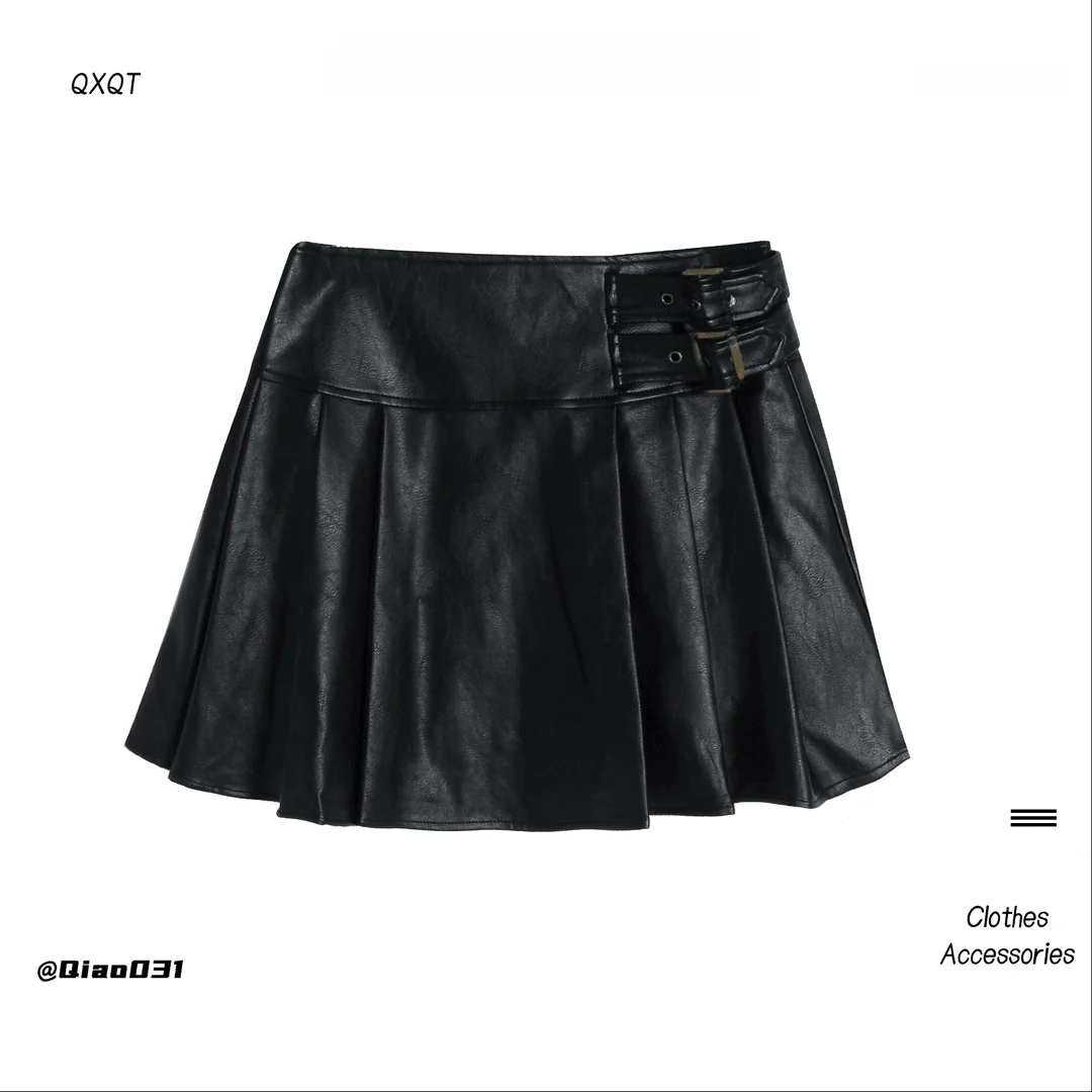 

High Waist Double Buckle Leather Skirt Slim Fit Black Autumn Fashion Women's Skirt A-Line Design Cotton 100%