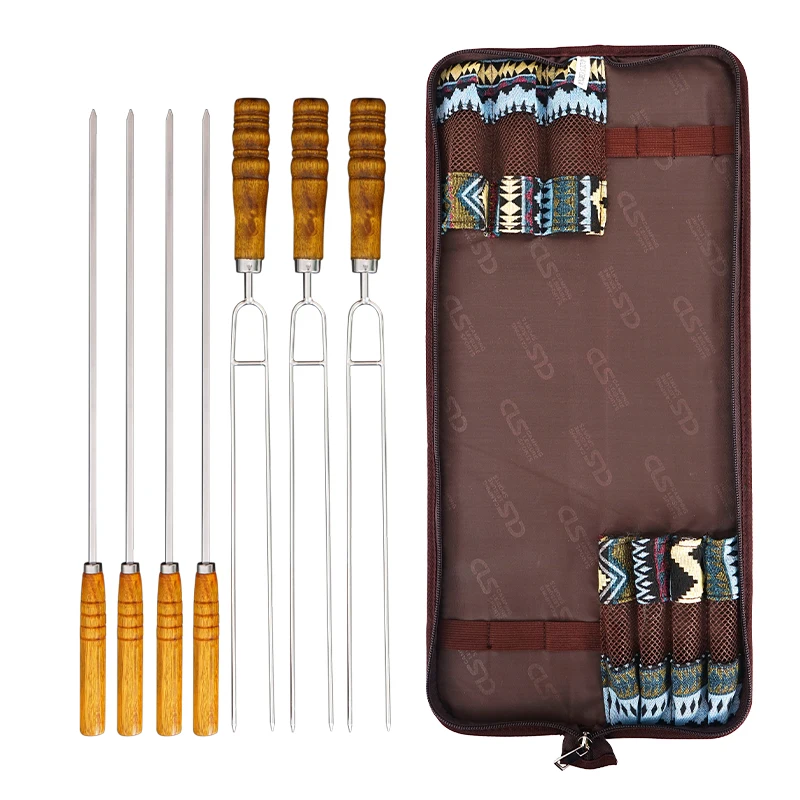 Outdoor BBQ Grill Needle Barbecue Sticks Stainless Steel U-shaped Wooden Handle Portable Picnic Grill Fork Set Combination