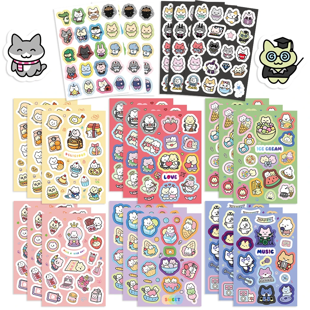 8/16/32Sheets Cartoon Cute Stickers Cat Party Collage Stickers for Kids Ornament Stickers Bulk Pack Party Gifts for Adults Party