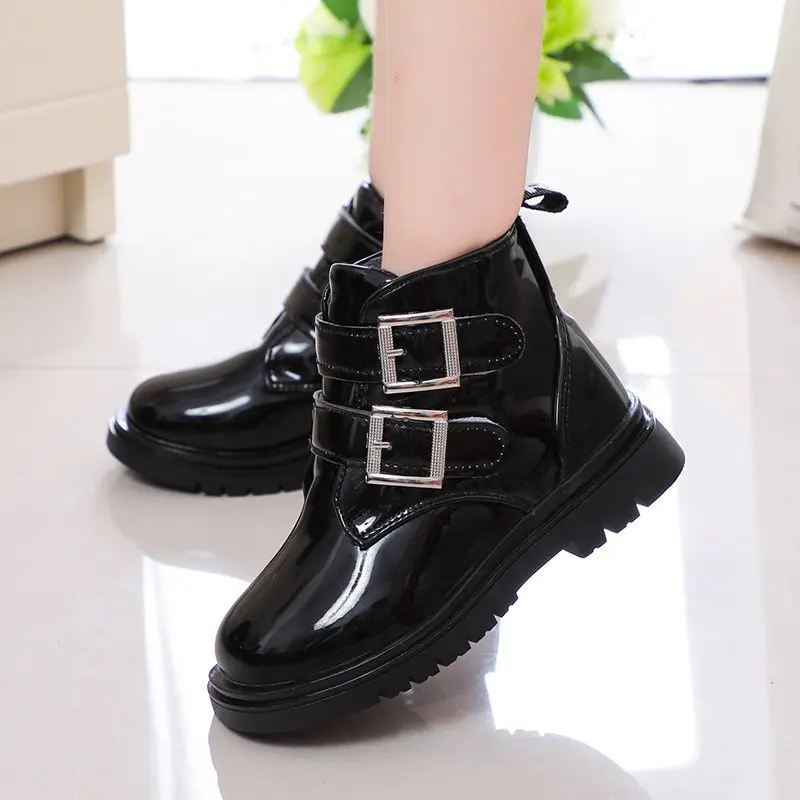 Thickened Fleece PU Leather Boots Girls Autumn Winter Anti-slip Soft Sole Short Boot Students Baby Metal Buckle Warm Casual Boot