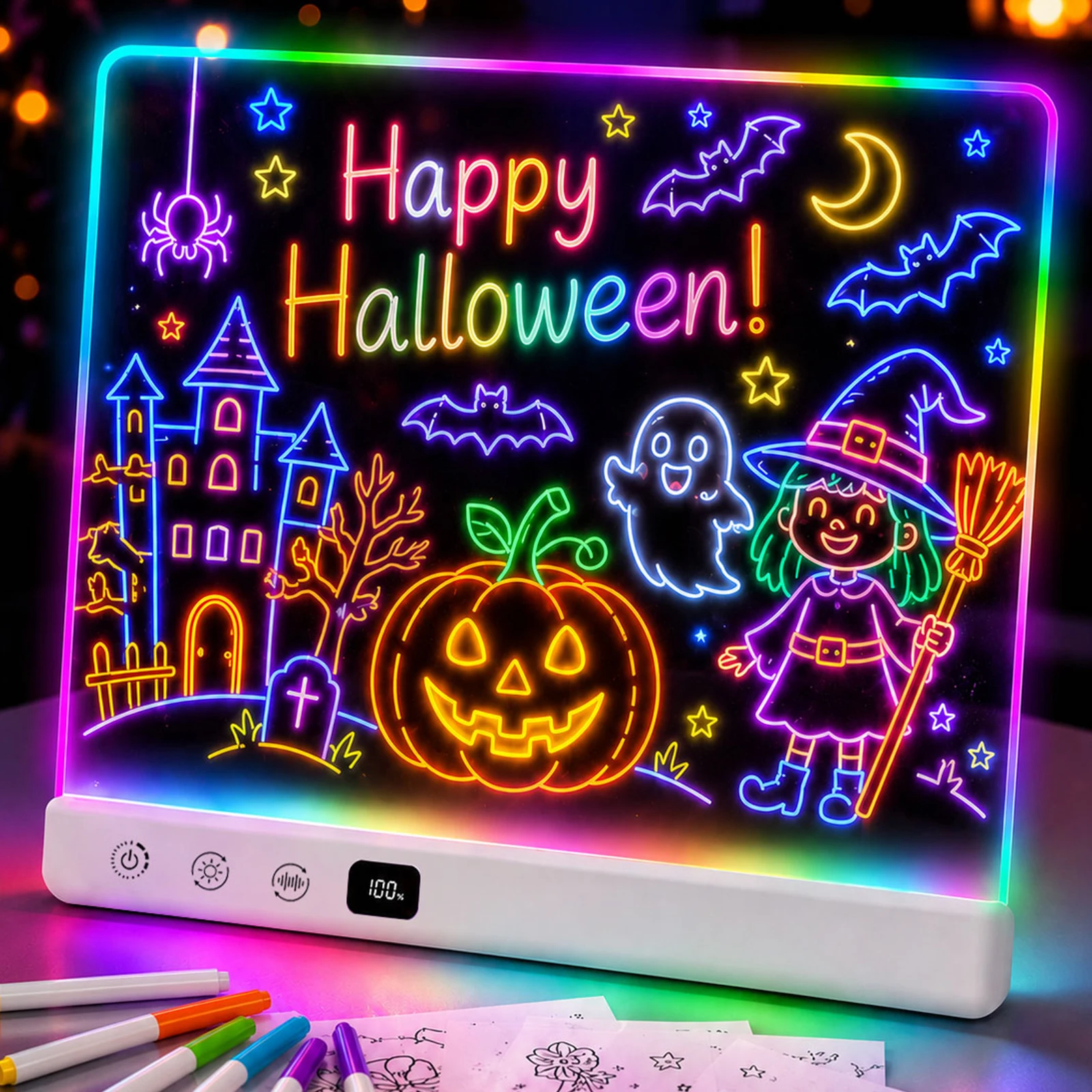 ledお絵かきボード-16インチ-ledノートボード-16種類の光効果、2つの音楽インタラクションモード、8時間バッテリー搭載-遊び学習用-音楽ギフト