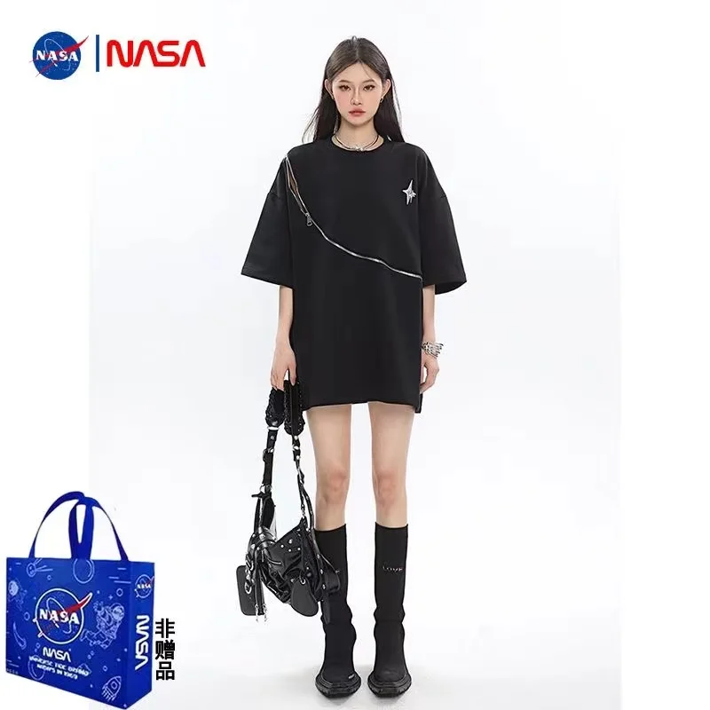 تي شيرت نسائي كبير الحجم بتصميم سحاب ونمط نجمة كاجوال فضفاض بأكمام قصيرة فستان علوي 100% قطن