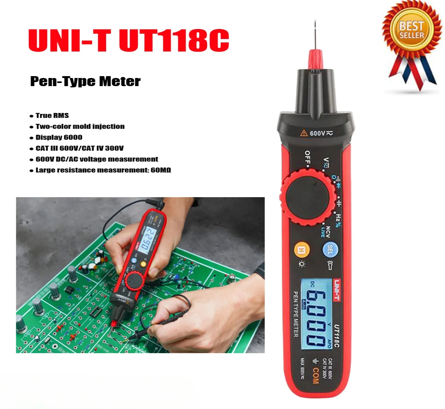 

UNI-T UT118C Ручка-измеритель True RMS AC/DC 600 В Мини-цифровой мультиметр Электрический инструмент Большая емкость 60 мФ.