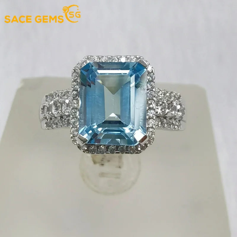 

SACE GEMS Resizable 925 Sterling Silver Sparkling 8*10mm Blue Topaz Created High Carbon Diamond Wedding Rings Party Fine Jewelry