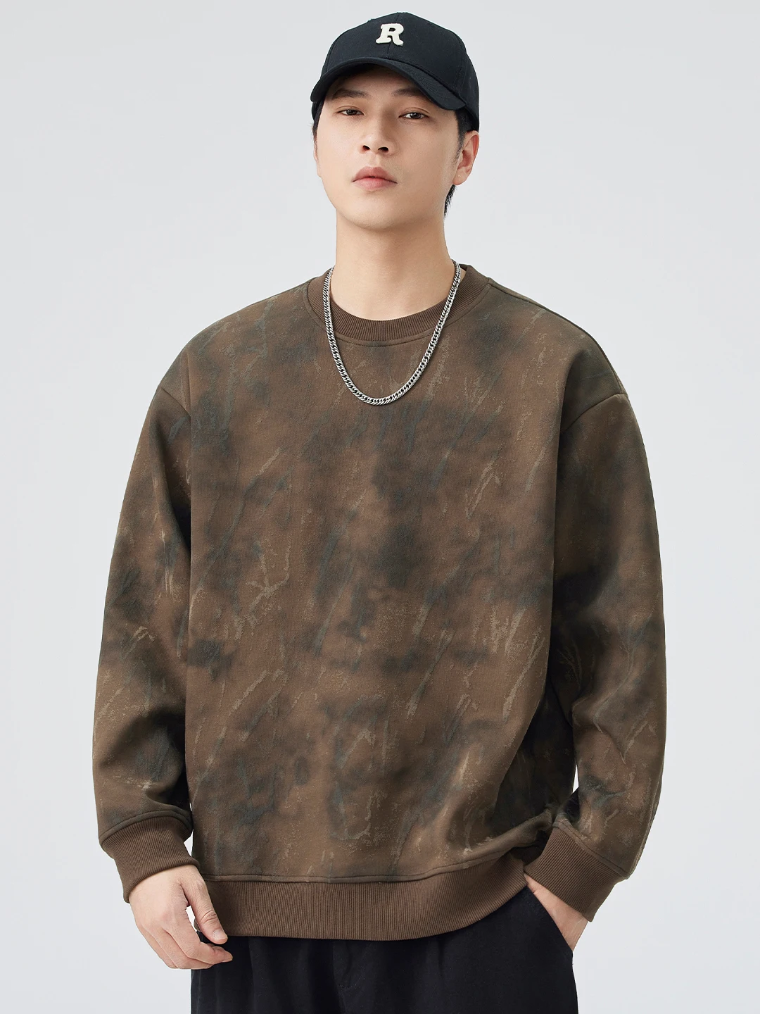 

American Sle Heavyweight Retro Tie Dye round Ne Sweatirt Men's Loose Large Size Casual Top Trendy Cotton Polyester Blend