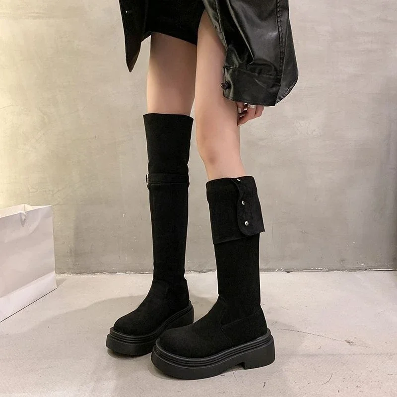 Women's Vintage Style 2 Way Foldable Suede Leather Platform Boots New 2025 Autumn Winter Chunky Heel Over The Knee Rider Boots