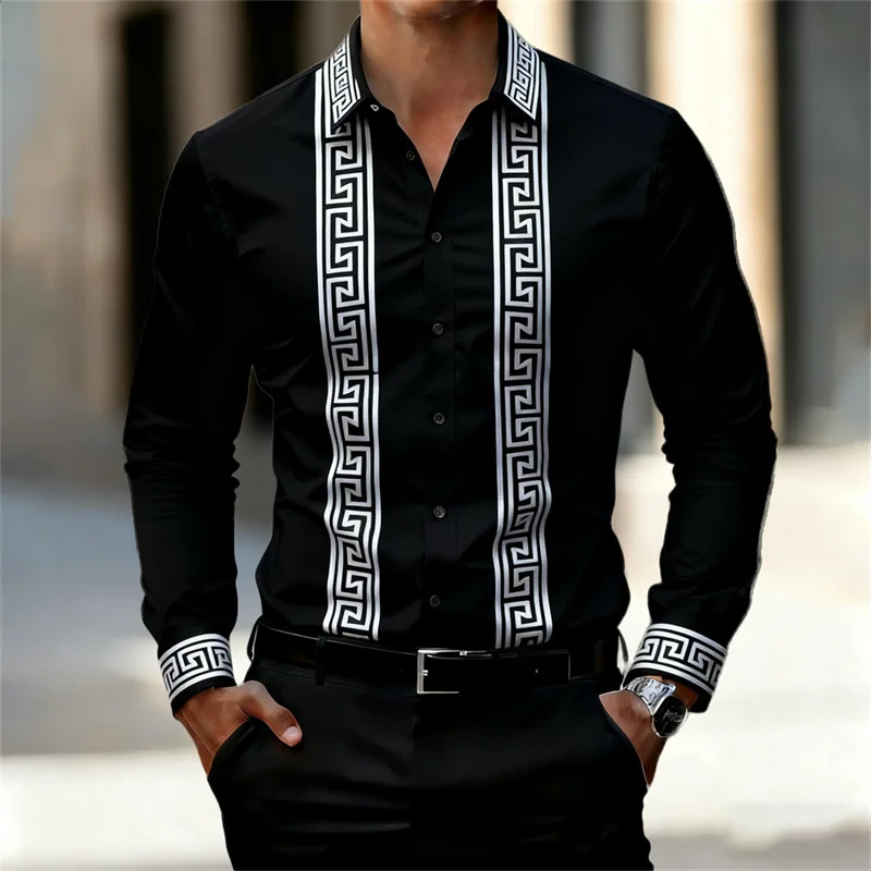 Мужская рубашка в стиле ретро с геометрическим принтом, стильная черная рубашка с длинными рукавами, мужской топ в деловом стиле, доступны несколько цветов, XS-6XL