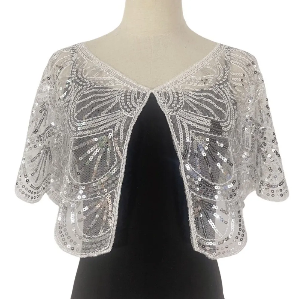 Sparkling Ruffle Sequins Poncho Coat Mesh Blingbling Sequins Shawls Hollow Multicolor Short Cape Ladies