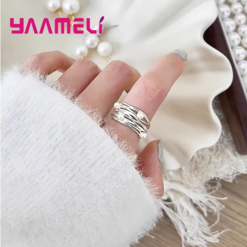

925 Sterling Silver Grace Lady Jewelry with Pearls Hollow Net Wide Band Finger Ring for Woman Female Birthday Wedding Accessory