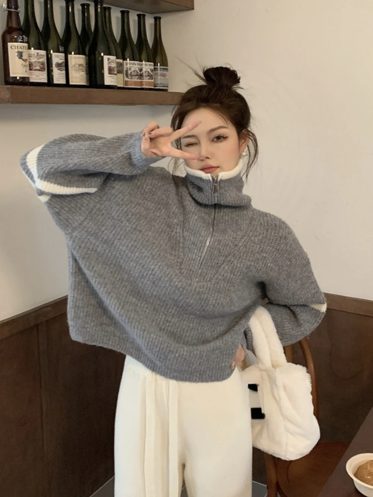 Knit Sweater Women 2024 Winter New Zippers Turtleneck Pullovers Korean Fashion Grey White Vintage High Collar Women\'s Sweaters