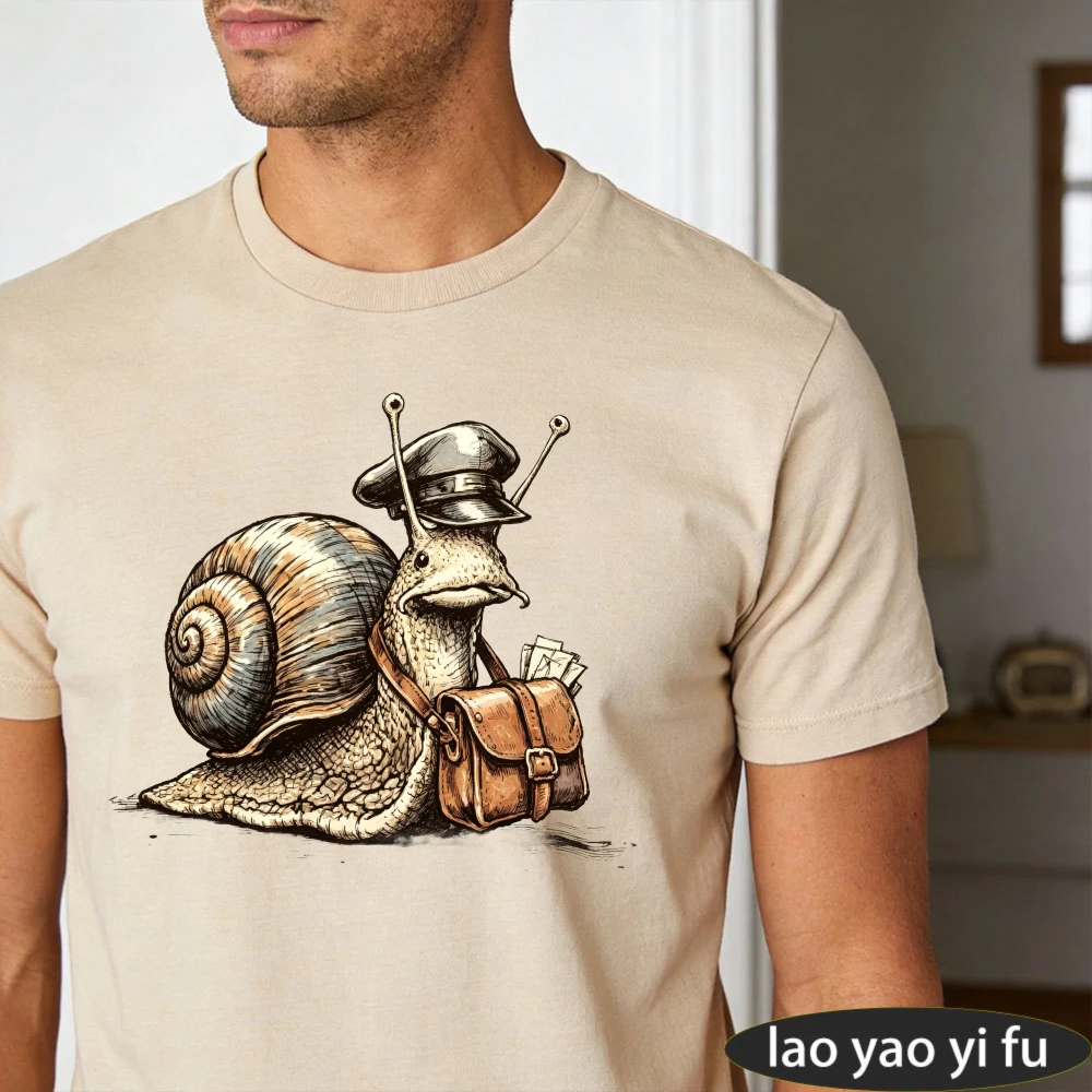 Postman Snail Vintage Sketch Mail Bag Cartoon Men Summer Cotton T Shirt Funny Animal Retro Trendy Street Top view 5