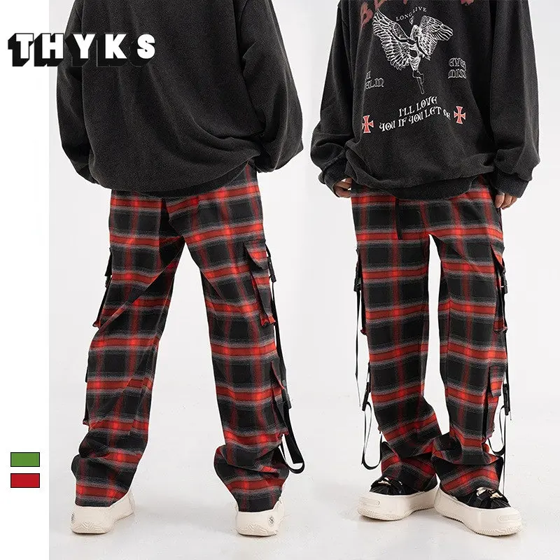 2023 New High Street Cargo Pants Men and Women Plaid Buckle Ribbon Trousers High-Waist Loose Wide Leg Pants Unisex Spring